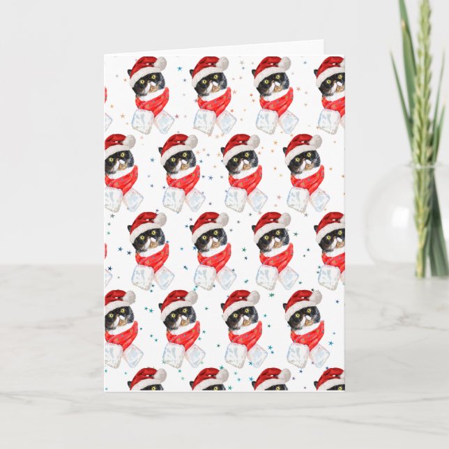 Tricolored Cat Christmas Watercolor with Scarf Holiday Card (Front)