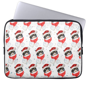 Tricolored Cat Christmas Watercolor with Scarf Laptop Sleeve