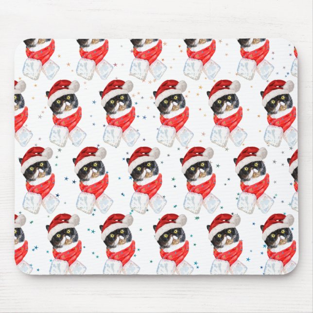 Tricolored Cat Christmas Watercolor with Scarf Mouse Mat (Front)