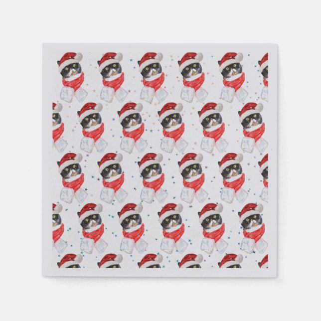 Tricolored Cat Christmas Watercolor with Scarf Napkin (Front)