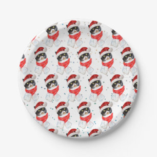 Tricolored Cat Christmas Watercolor with Scarf Paper Plate