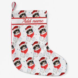 Tricolored Cat Christmas Watercolor with Scarf Small Christmas Stocking