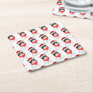 Tricolored Cat Christmas Watercolor with Scarf Square Paper Coaster