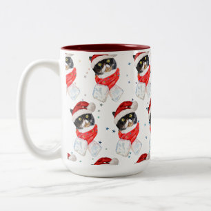 Tricolored Cat Christmas Watercolor with Scarf Two-Tone Coffee Mug