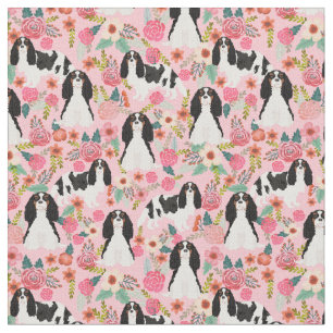 Tricolored Cavalier King Charles Spaniel Florals Fabric
