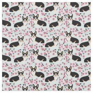 Tricolored Corgi Cherry Blossom fabric - blue