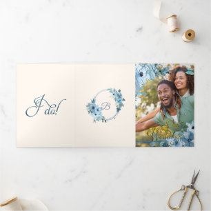 Trifold Blue Floral Watrcolor Wedding Invitation