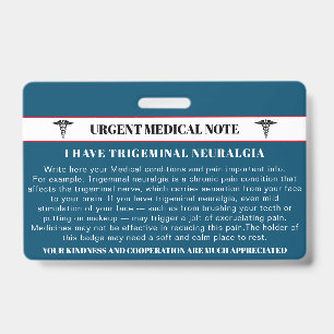 Trigeminal Neuralgia Emergency Medical Card ID Badge