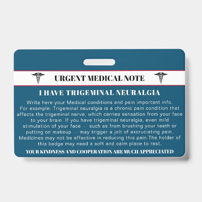 Trigeminal Neuralgia Emergency Medical Card ID Badge (Front)
