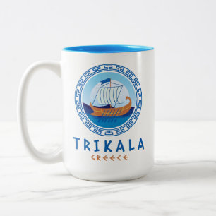Trikala, Greece Greek Ship Design Two-Tone Coffee Mug