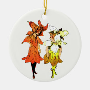 Trillium and Tiger-Lily, Whimsical Flower Book Art Ceramic Tree Decoration