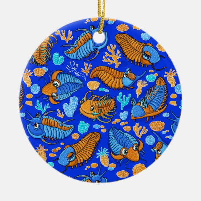 Trilobites on dark blue background (kids pattern) ceramic tree decoration (Front)