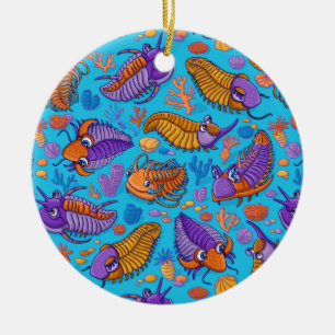 Trilobites on light blue background (kids pattern) ceramic tree decoration