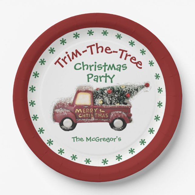 Trim The Tree Christmas Party With Name Paper Plate (Front)