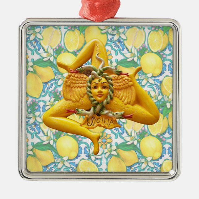 Trinacria Sicilia Sicily Lemon Blue Tile Floral  Metal Tree Decoration (Front)