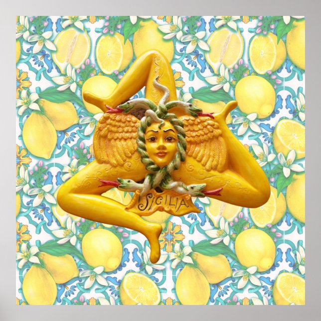 Trinacria Sicily Lemons Wall Art Artwork Blue Tile (Front)