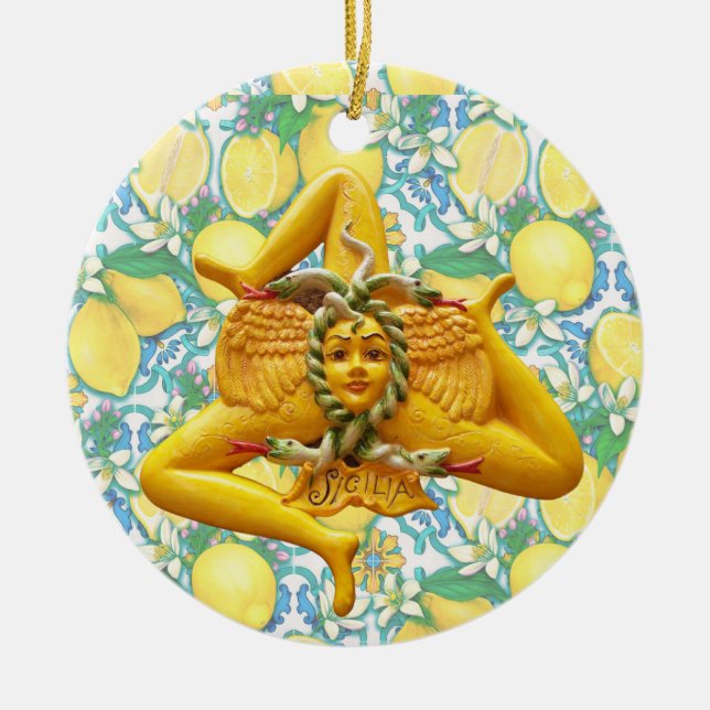 Trinacria Sicily Sicilia Italy Pride Lemon Blue Ceramic Tree Decoration (Front)