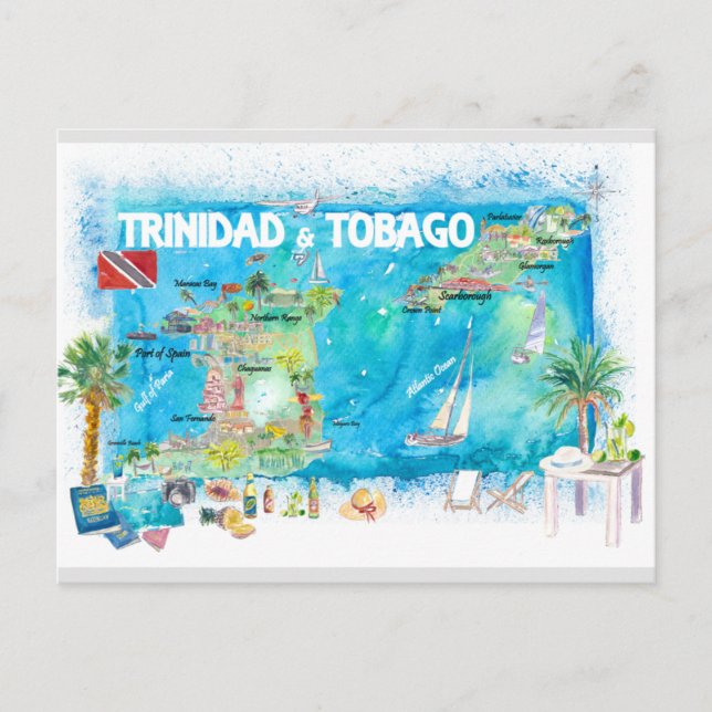 Trinidad & Tobago Antilles Illustrated Travel Map Holiday Postcard (Front)