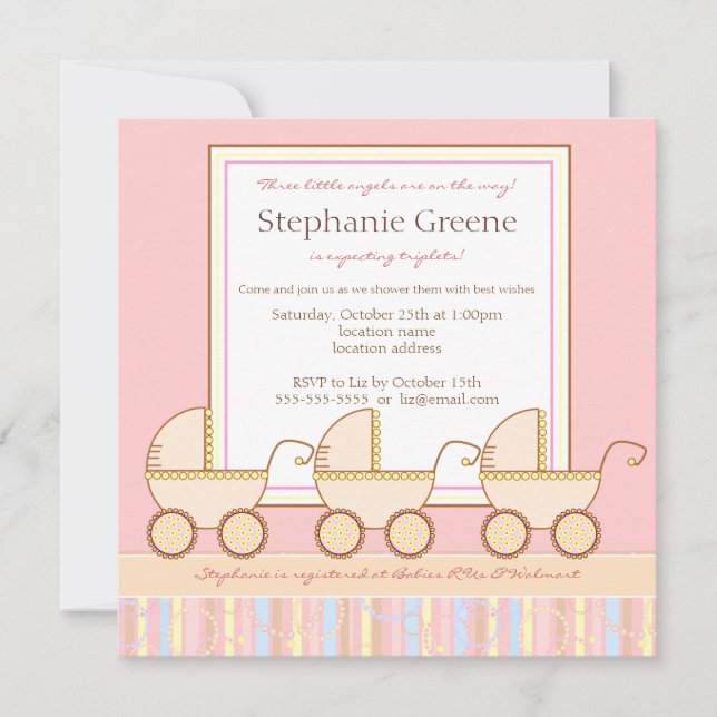 Trio Carriage Triplet Girl Baby Shower Invitation (Front)