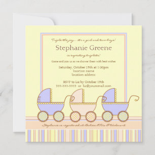 Trio Carriage Triplet Girl Boys Shower Invitation