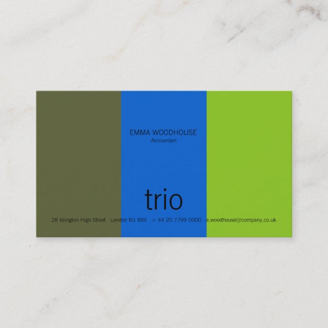 Trio Dark Olive, Bright Blue & Green Business Card (Front)