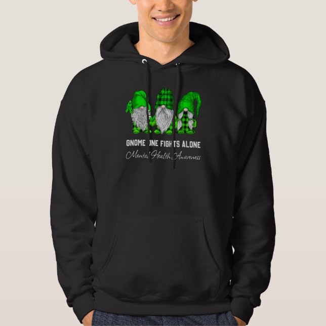 Trio Gnome Fights Alone Green Ribbon Mental Health Hoodie (Front)