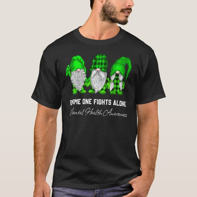 Trio Gnome Fights Alone Green Ribbon Mental Health T-Shirt (Front)