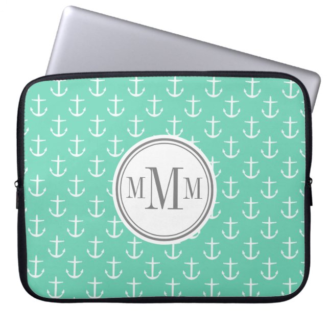 Trio Monogram Mint White Anchor Pattern Laptop Sleeve (Front)