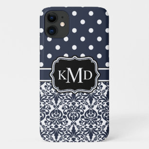 Trio Monogrammed Navy Damask iPhone 11 Case