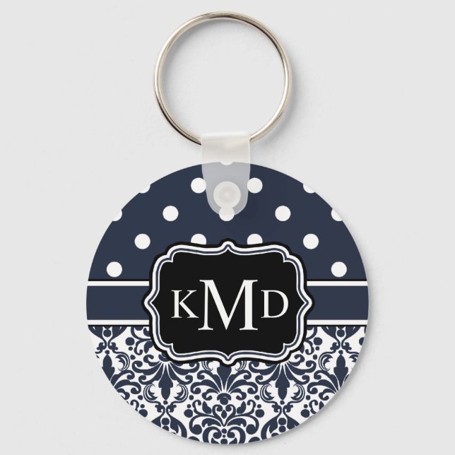Trio Monogrammed Navy Damask Key Ring (Front)