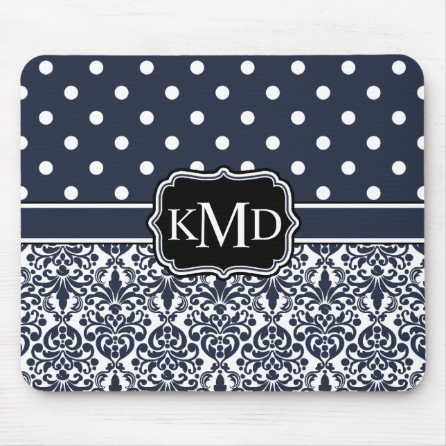 Trio Monogrammed Navy Damask Mouse Mat (Front)