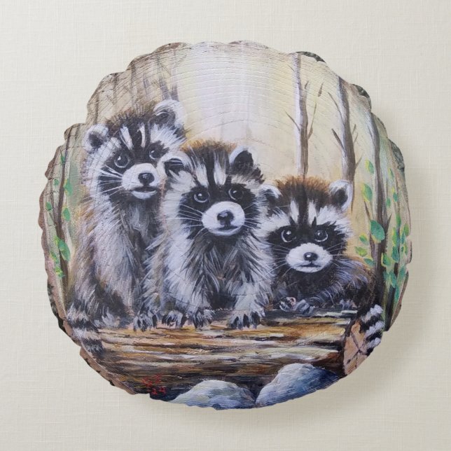 Trio of baby raccoons throw pillow (Front)