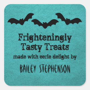 Trio of Bats Halloween Baking Stickers, Teal Square Sticker