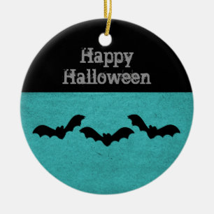 Trio of Bats Halloween Ornament, Teal Ceramic Tree Decoration