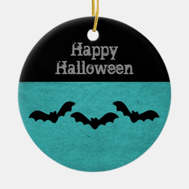Trio of Bats Halloween Ornament, Teal Ceramic Tree Decoration (Front)
