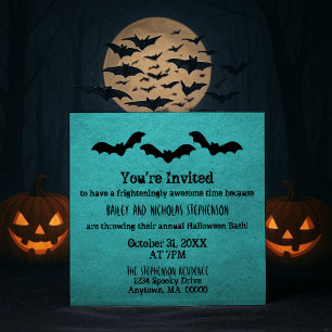Trio of Bats Halloween Party   Teal Invitation