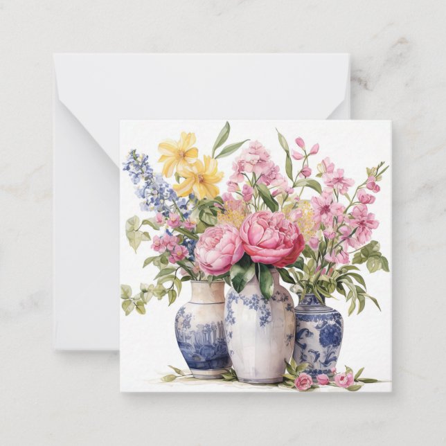 Trio of Flower Bouquets Delft Vases Flat Note Card (Front)