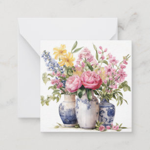 Trio of Flower Bouquets Delft Vases Flat Note Card