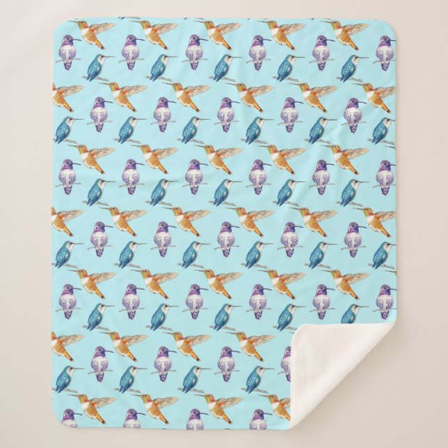 Trio of Hummingbirds with Aqua Background Sherpa Blanket (Front)