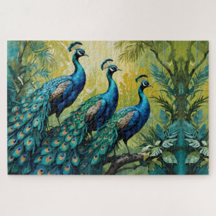 Trio of Peacocks in the jungle forest Jigsaw Puzzle