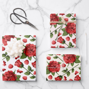 Trio of Romantic Red Roses Foliage on Multi Tones Wrapping Paper Sheet