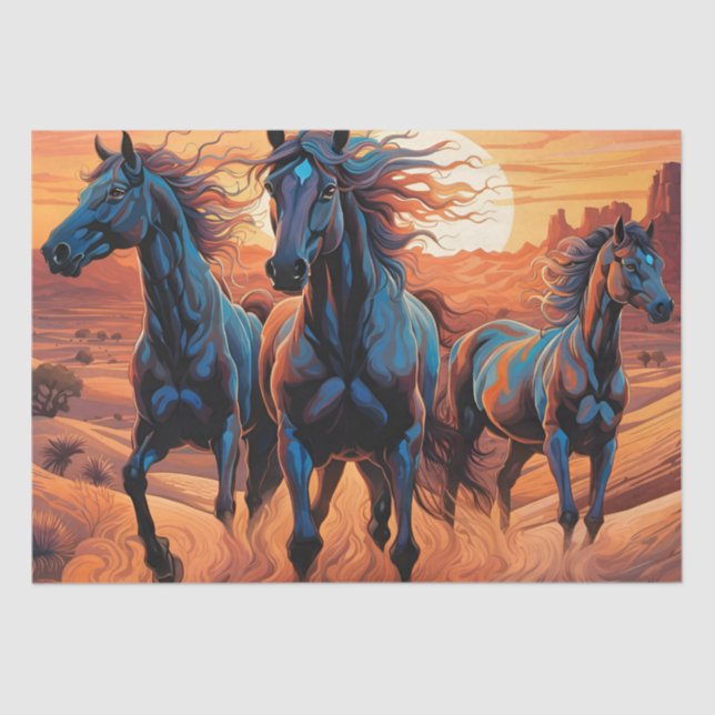 Trio of Wild Horses in desert at Sunset Tissue Paper (Front)