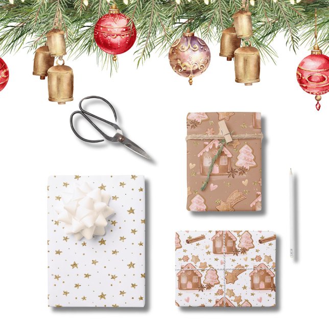 Trio Pink Brown Gingerbread Houses Stars Cinnamon Wrapping Paper Sheet (Creator Uploaded)