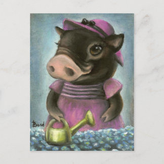 Triona the pig watering her flowers postcard