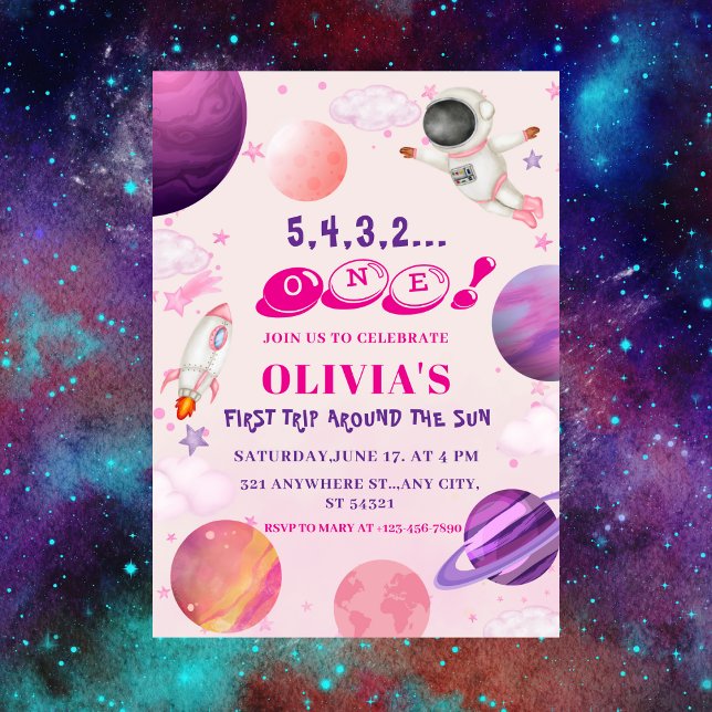 Trip Around the Sun| Pink Outer Space 1st Birthday Invitation (Creator Uploaded)