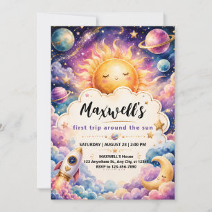 Trip Around the Sun Watercolor Boy 1st Birthday Invitation