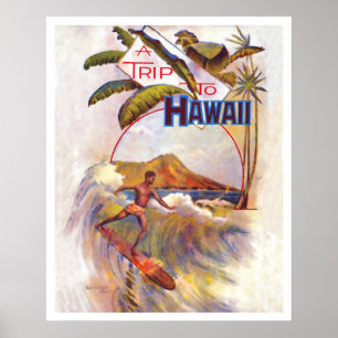 Trip to Hawaii, surfing on a big wave, vintage Poster