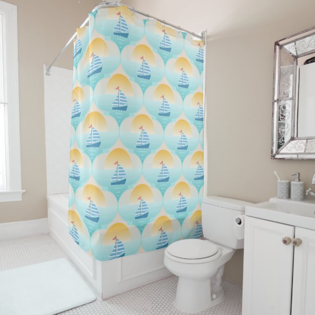 Trip to the Beach Sailor Boat Shower Curtain (In Situ)