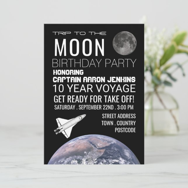 Trip to the Moon, Space Shuttle Birthday Party Invitation (Standing Front)