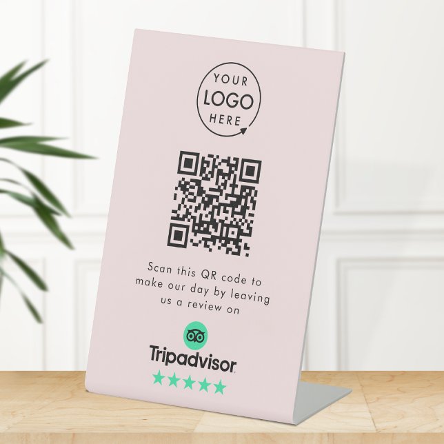 Tripadvisor Review Request | QR Code Pink Business Pedestal Sign (Gain Tripadvisor reviews & grow your business with this rating request editable tabletop sign.)